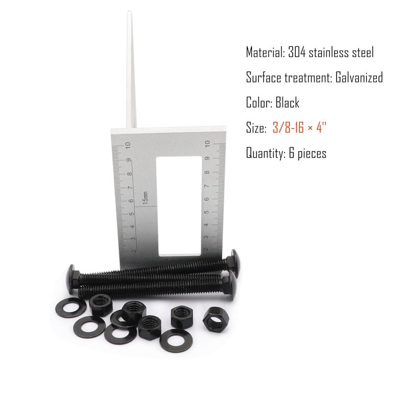 SCXCLY 6 Sets Carriage Bolts Screws, (3/8-16 x 4) Round Head, Square Neck, with (Hex Nuts & Flat Washers), 304 Stainless Steel, Galvanizing (Black) - Image 2